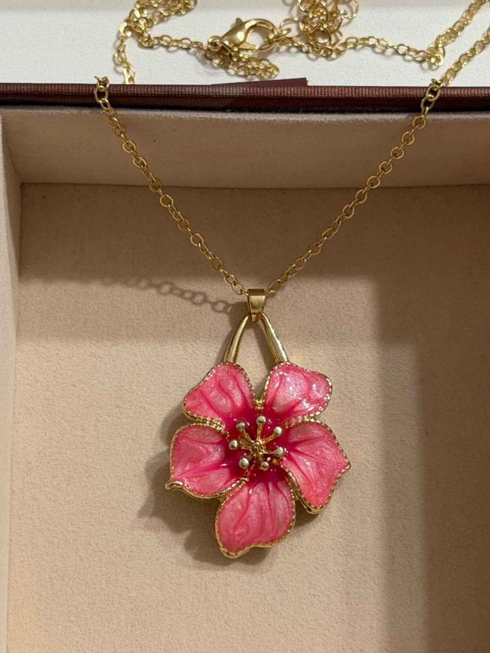 Elegant Golden Pink Oil Dripping Flower Enamel by Statement Pendant Necklace